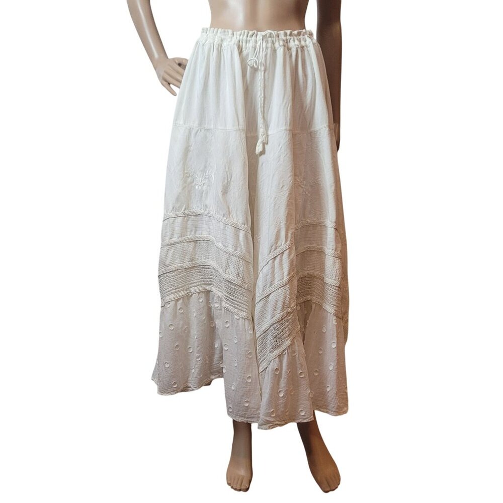 L'POGEE Bohemian White Maxi Skirt With Eyelet Detail & Crochet Layers Tie - Picture 6 of 14